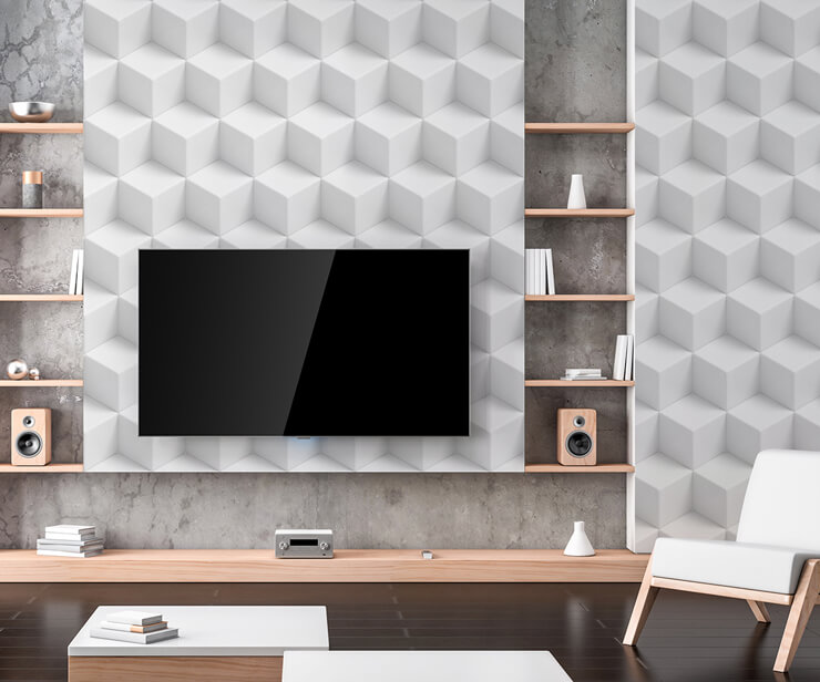 cube effect wallpaper placed behind media wall (one of the great media wall ideas)