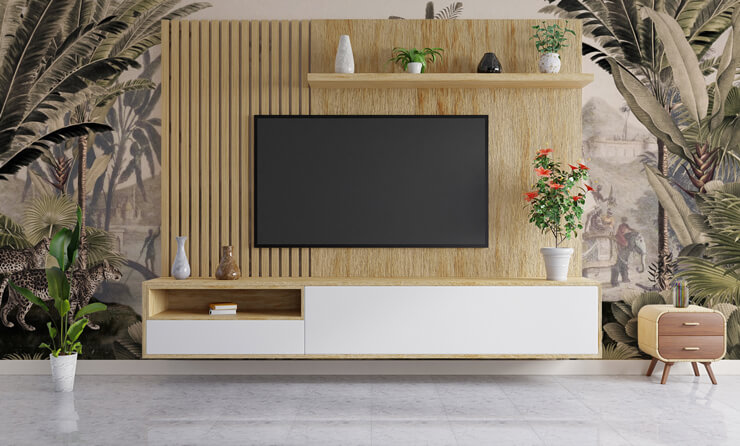 vintage tropical jungle wall mural in living room with shiplap media wall