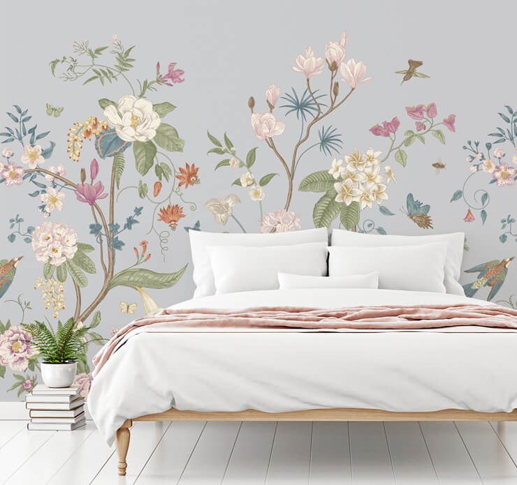 pastel toned chinoiserie wallpaper in romantic bedroom