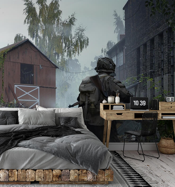 realistic soldier gaming wallpaper in dark bedroom