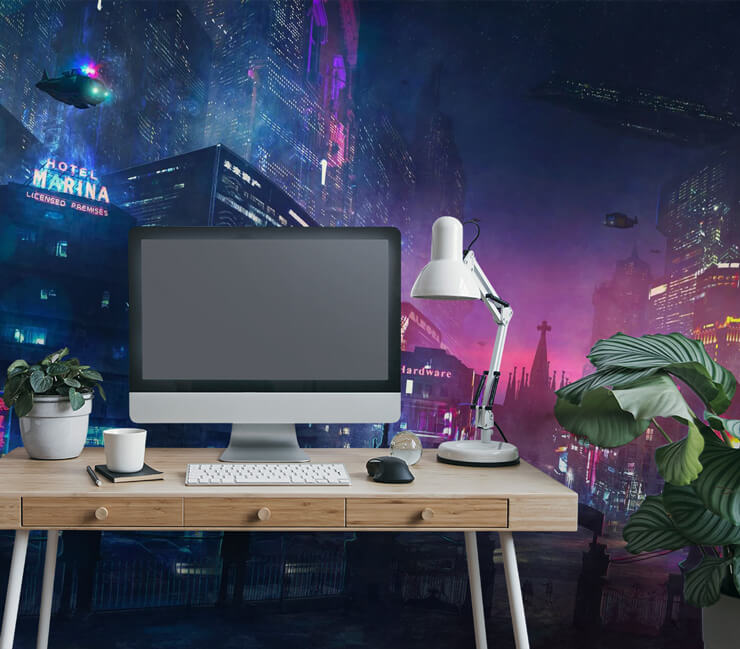 purple tinted sci fi city wallpaper in trendy office room