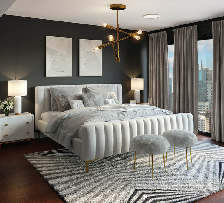 stripy, luxury rug in bedroom