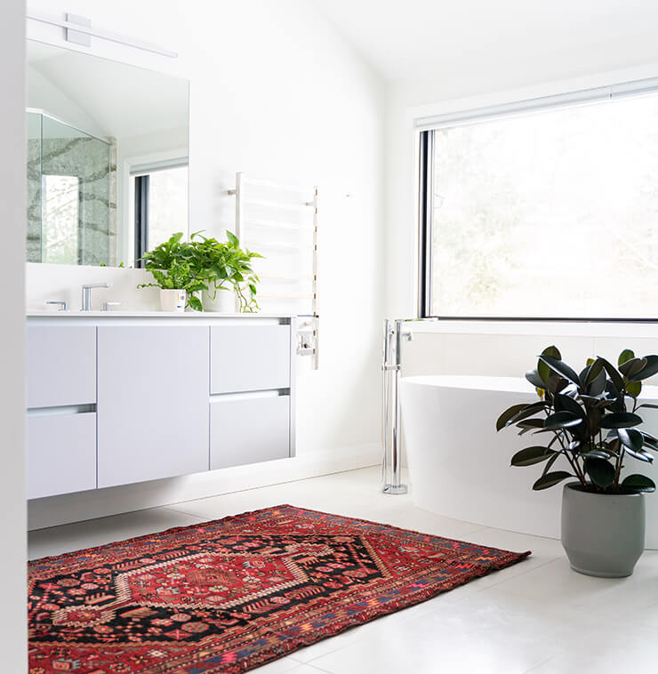 red patterned rug in bright bathroom