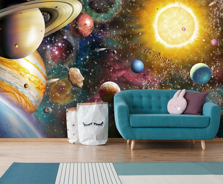 colourful planets wallpaper in kids bedroom