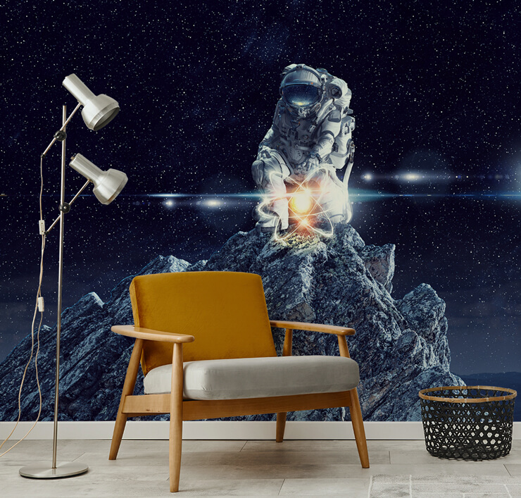 astronaut in space wallpaper in lounge with yellow chair