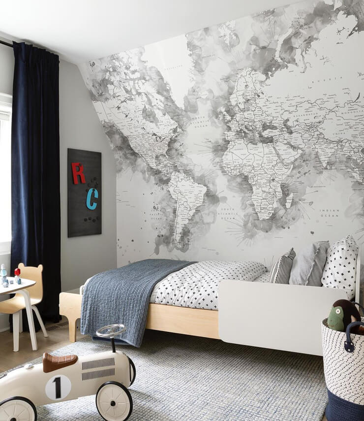 grey world map wallpaper in kids grey bedroom