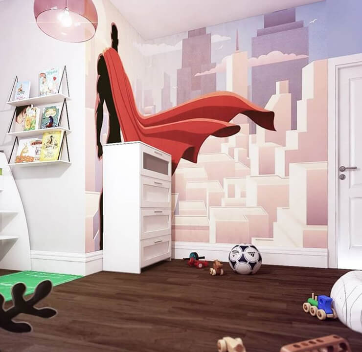 hero with red cape wallpaper in designer bedroom for kid