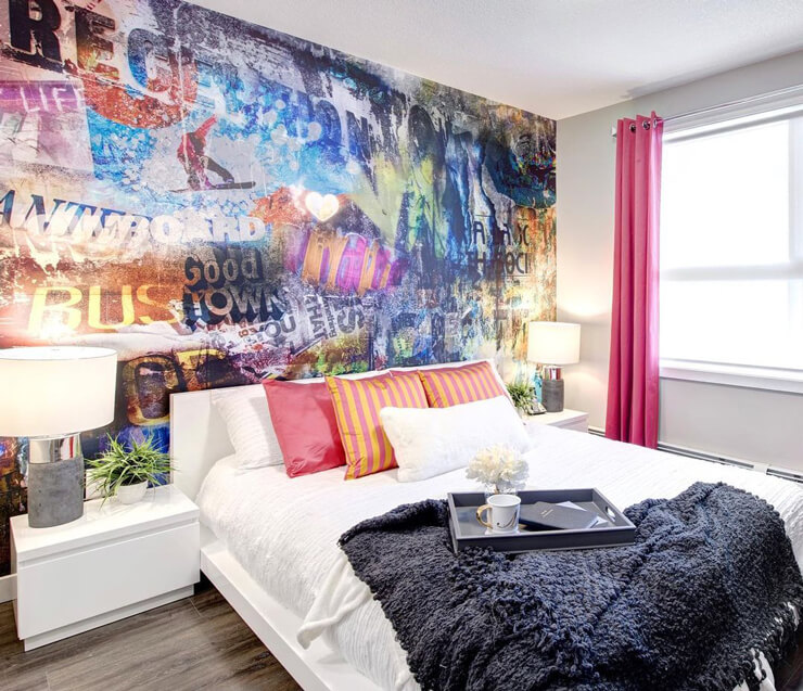 colorful graffiti wallpaper in luxurious designer bedroom