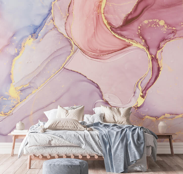 marble effect pink and gold wallpaper in bedroom