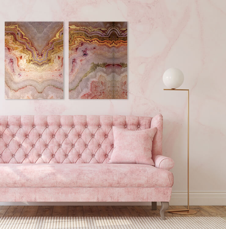 pink, lilac and cold metal prints with pink vintage armchair