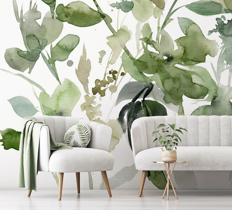 light green and off-white floral watercolour wallpaper in grey and green lounge