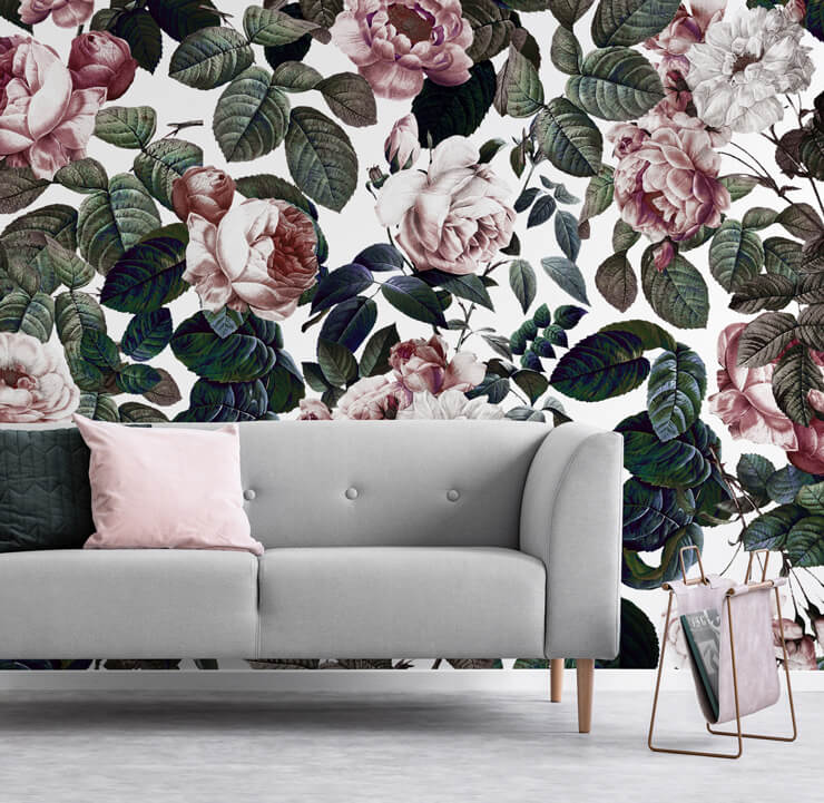 light pink floral wallpaper in grey and pink living room