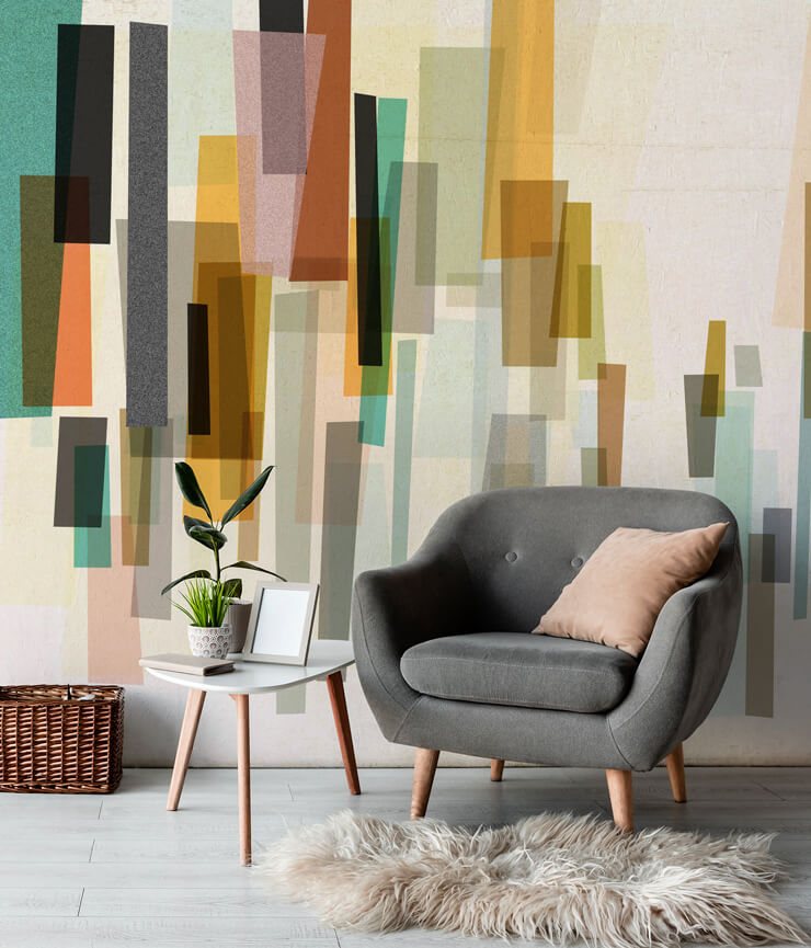 retro shapes wallpaper with grey armchair