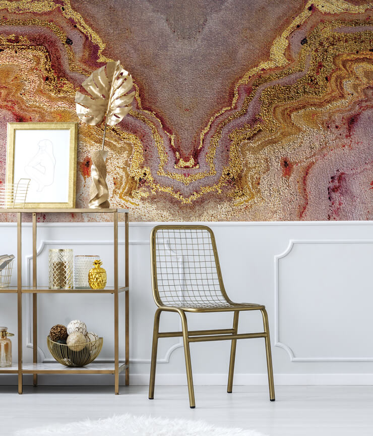 pink, lilac and gold marble effect wallpaper in lounge
