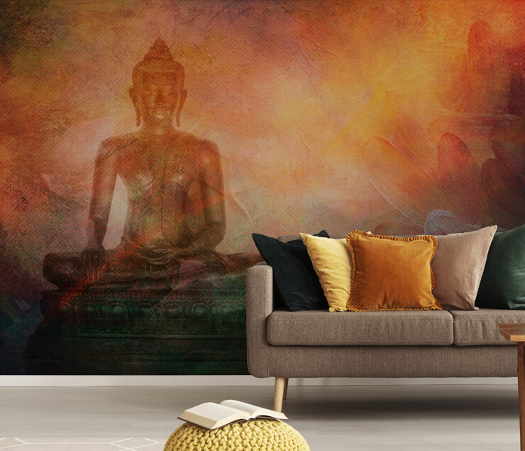 meditating buddha wall mural in living room