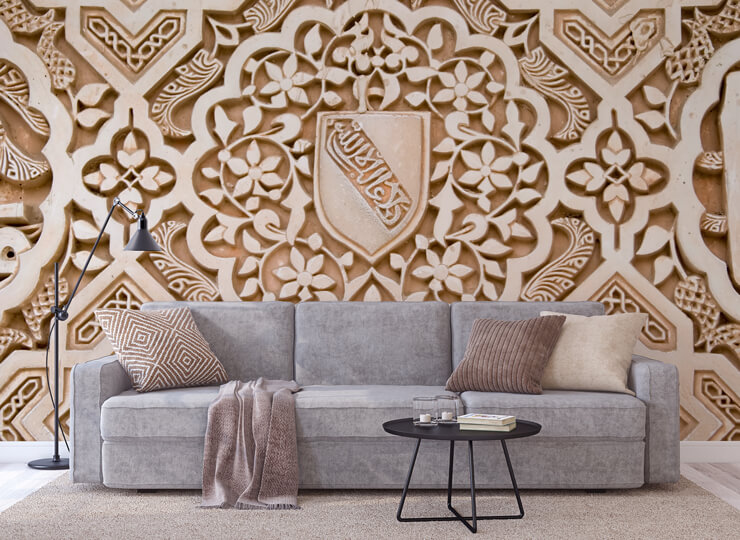 symbolic wallpaper in beige living room