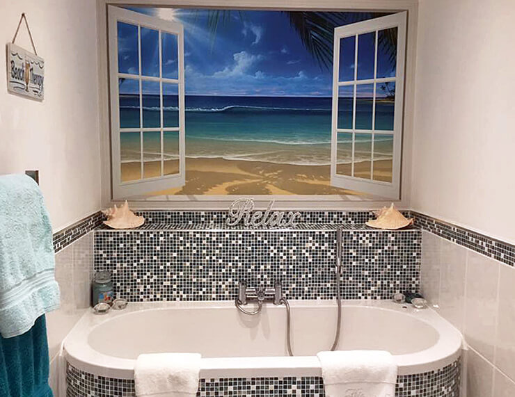 beach window mural in bathroom