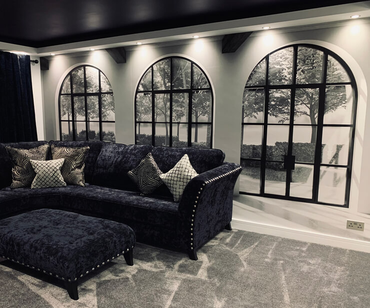 black and white toned window wallpaper in stylish living room