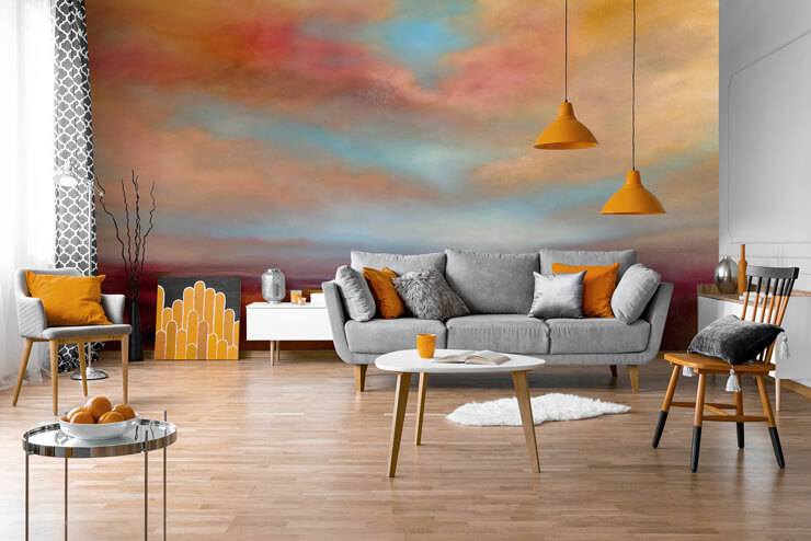 open plan living room with vibrant mural