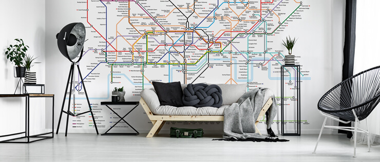 tube map mural in open plan bedroom