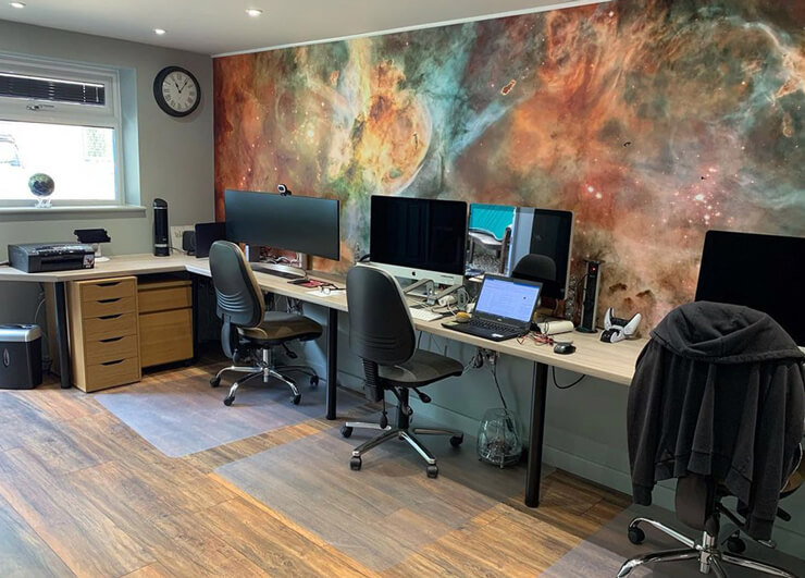 galaxy wallpaper in garage office conversion
