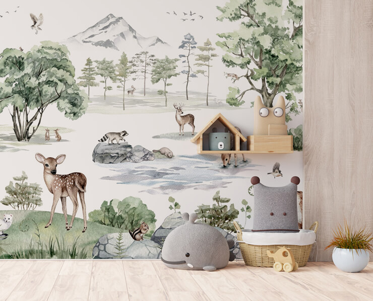cute woodland animal wallpaper in kids bedroom