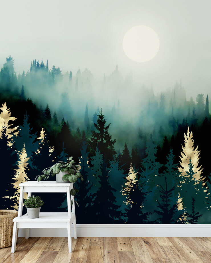misty green forest wallpaper with white bench shelves