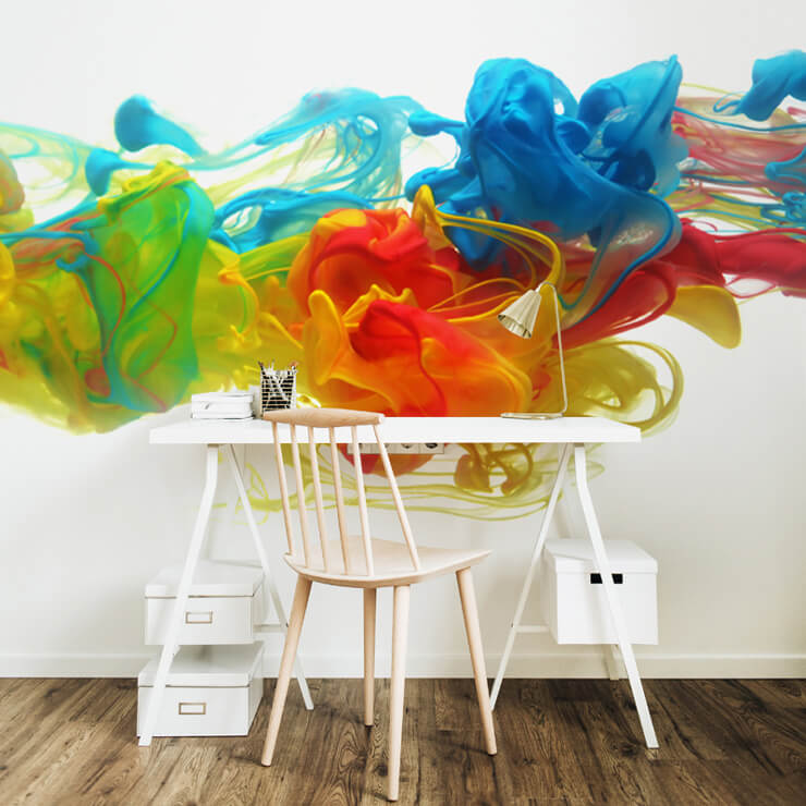 multicoloured ink wallpaper with white desk and chair