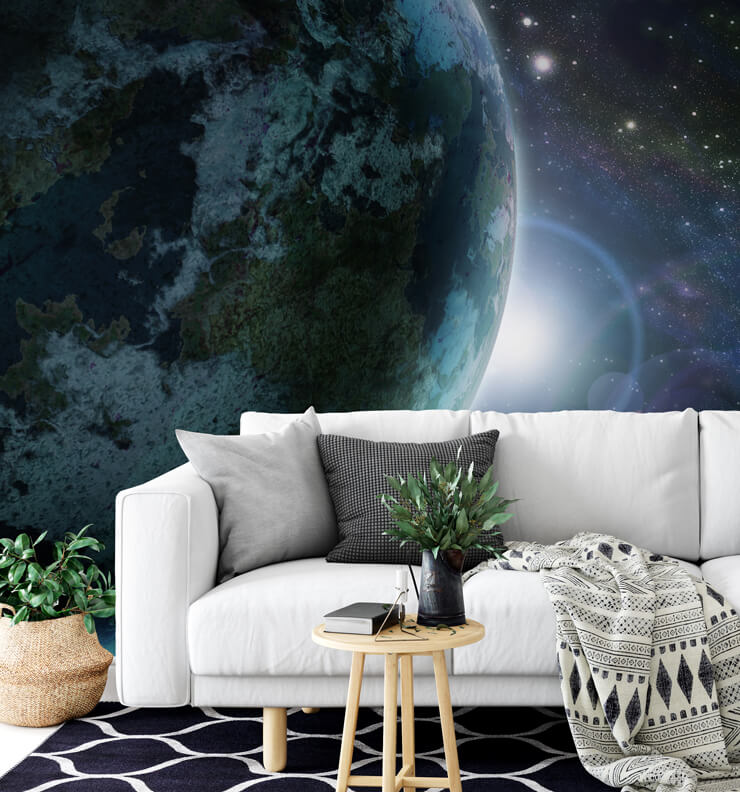 earth wallpaper in blue lounge