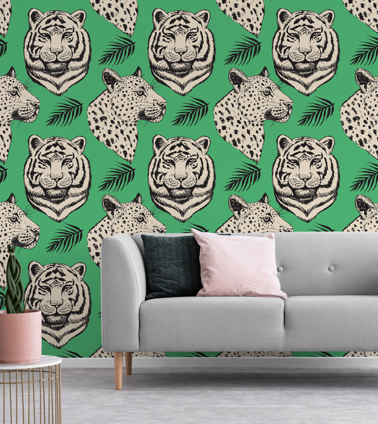 green, black and white tiger and leopard wallpaper in trendy pink and grey lounge