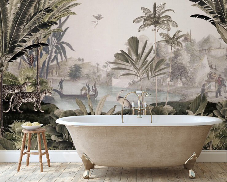 sage green vintage style jungle wallpaper with gold bath tub
