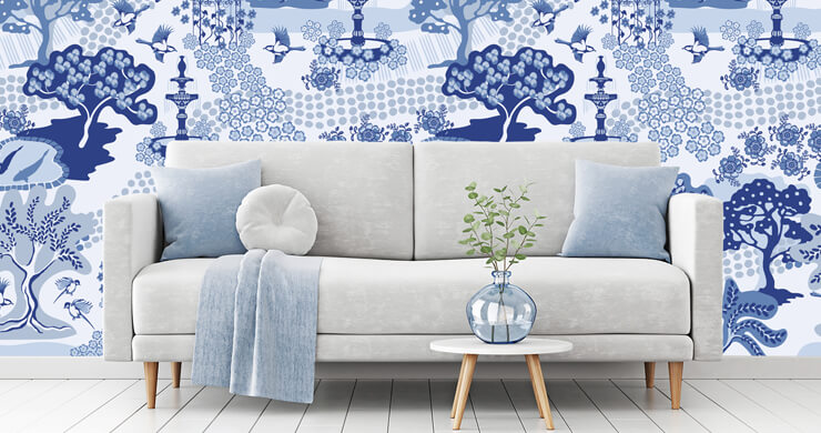 blue and white oriental vintage style wallpaper with white and blue couch