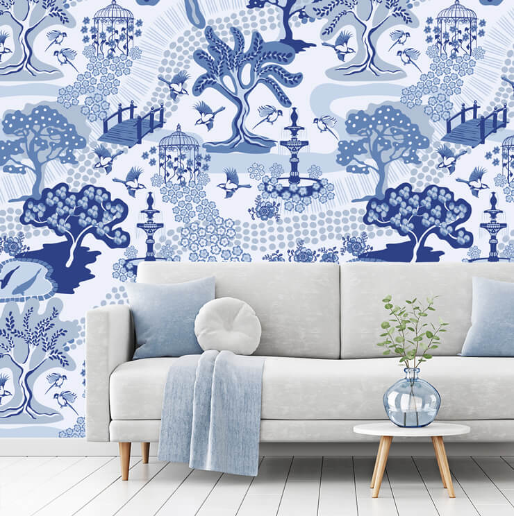 blue and white oriental vintage style wallpaper with white and blue couch