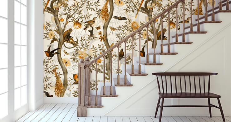 brown and terracotta chinoiserie wallpaper on a wooden staircase