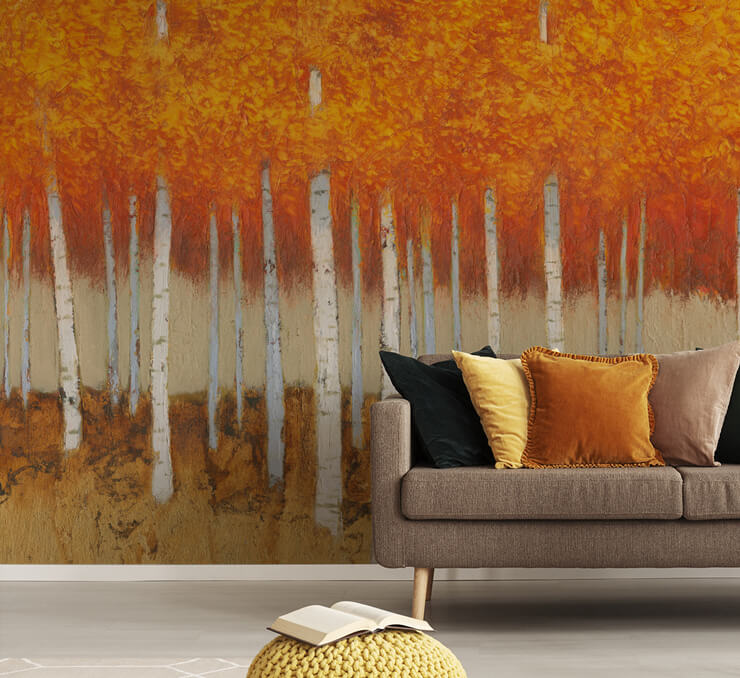orange painted birch trees in orange living room