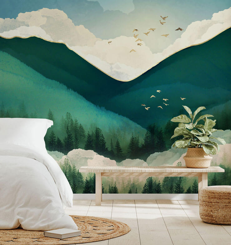 colour therapy green mountain wallpaper with white bed