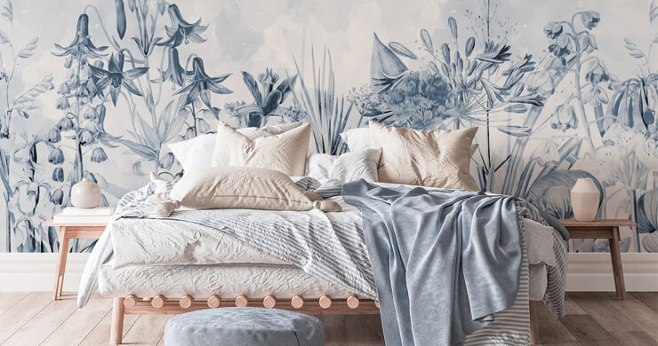 light blue floral wallpaper in simple bedroom