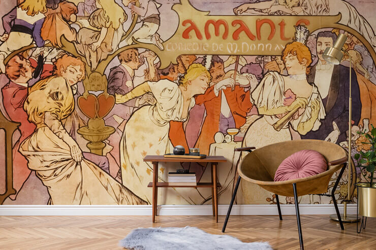alphonse party illustration art nouveau wallpaper in living area