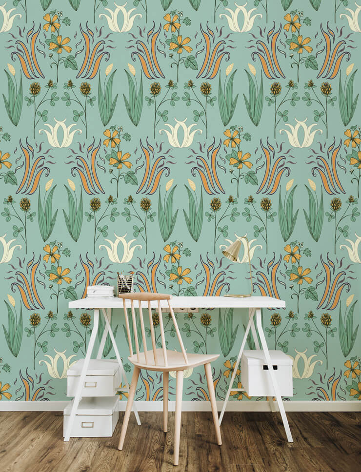 green toned art nouveau wallpaper in home office