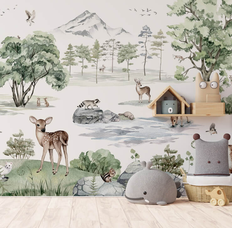 cute woodland sage green wallpaper in nursery