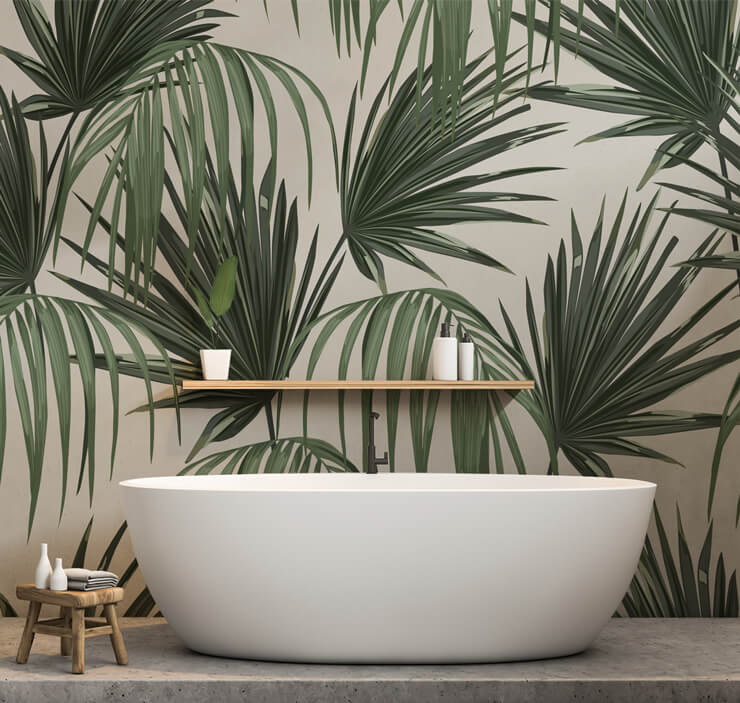 palm leaf wallpaper in bathroom