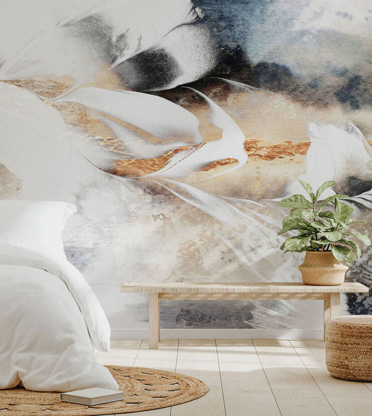 neutral custom made wallpaper behind bed
