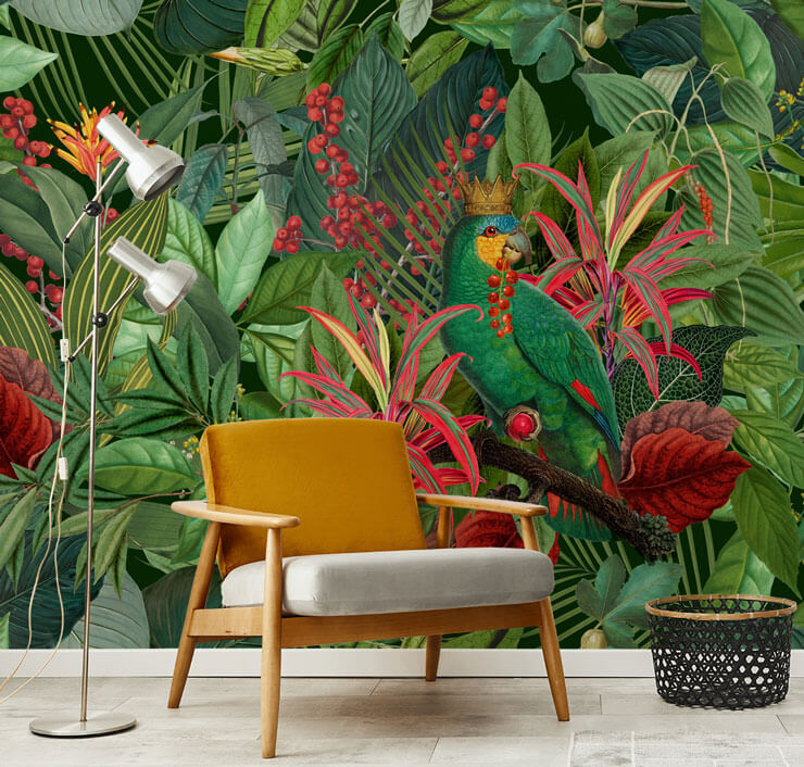 colourful green and red parrot jungle wallpaper with yellow chair