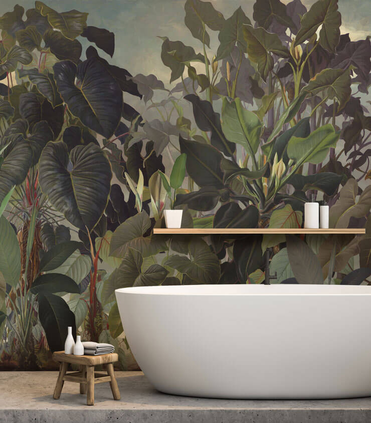 dark leafy rainforest wallpaper in bathroom perfect for urban jungle trend