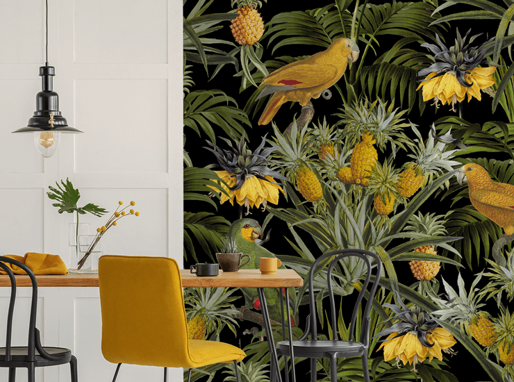 urban jungle trend yellow parrot wallpaper dining area