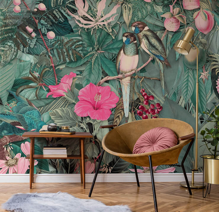 light green and pink tropical birds and rainforest wall mural with terracotta chair with pink cushion