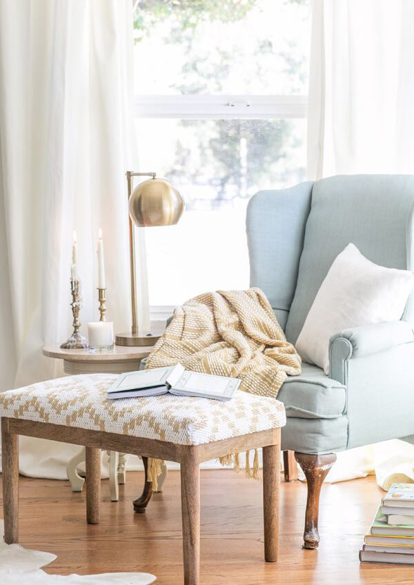 neutral foot rest and blue chair