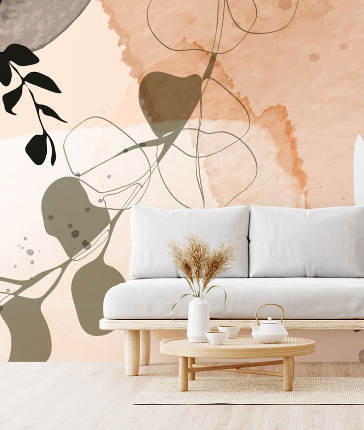 neutral abstract floral wallpaper in boho living room