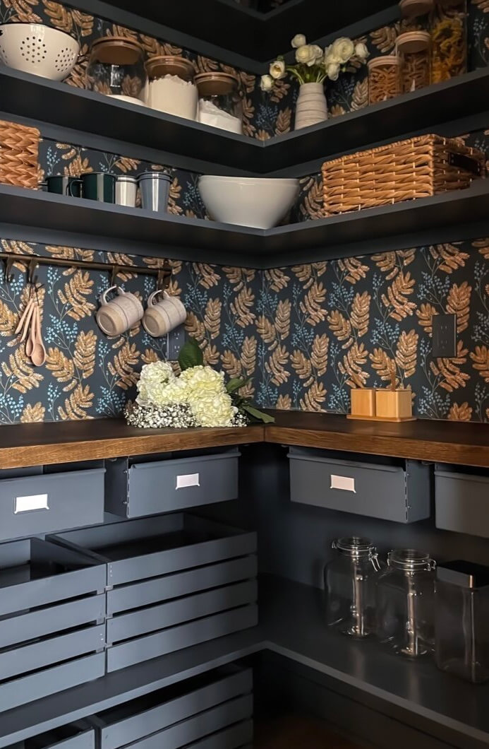 dark floral wallpaper in pantry