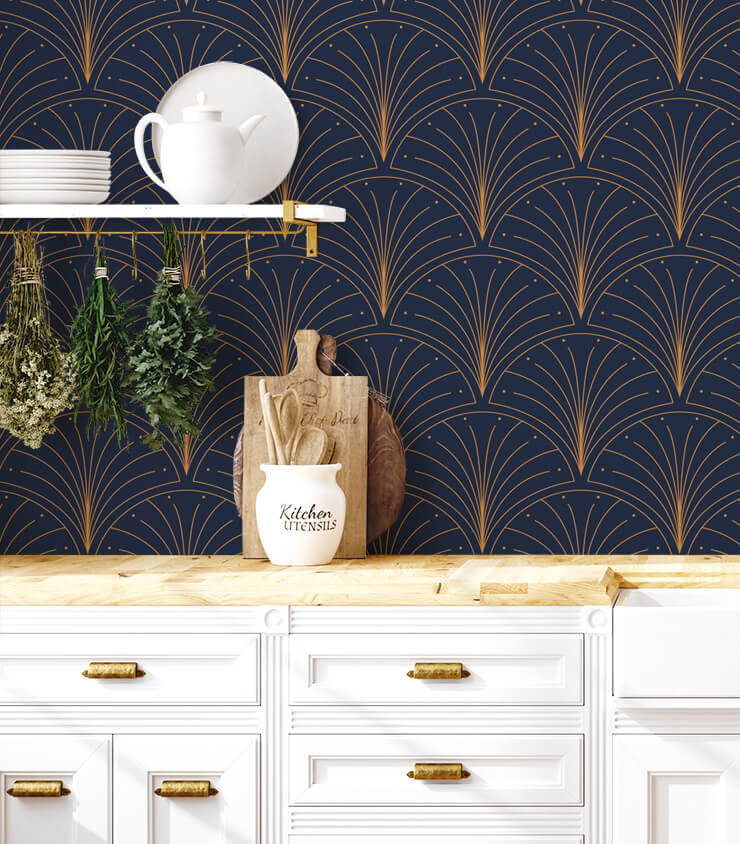 navy and gold colored art deco wallpaper in white kitchen